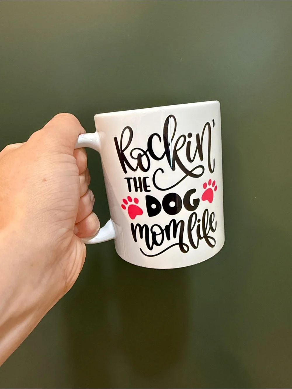 Hand Crafted White Mug with Black Script and Pink Paw Accents
